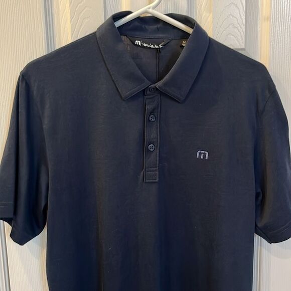 Travis Matthew Navy Blue Tiny Striped Short Sleeve Polo with Side Slits- Medium - Picture 2 of 16